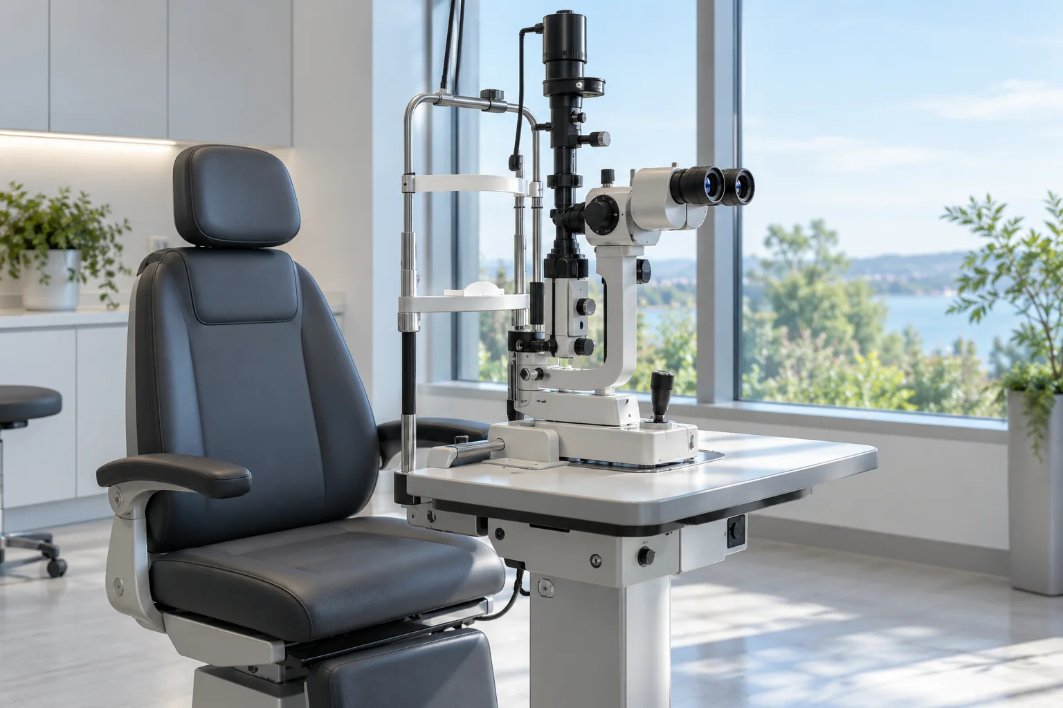 Illustrative eye examination equipment in a clinical setting