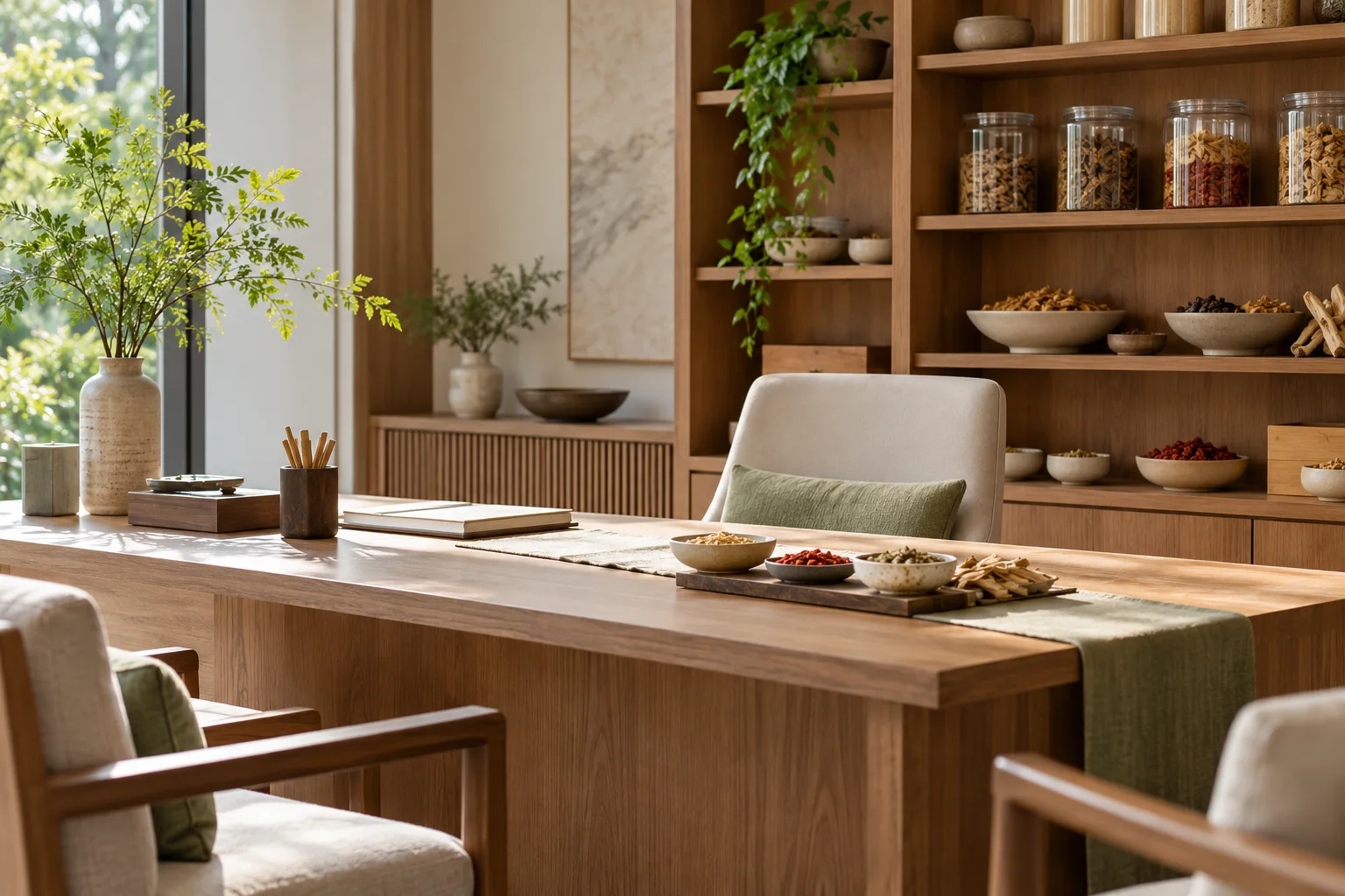 Illustrative calm consultation space inspired by traditional Chinese medicine